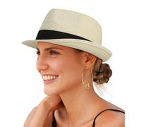 Creekstone Straw Fedora Sun Hat for Women Men Short Brim Panama Trilby Beach Hat Packable Summer Hat UPF 50+ (UK, Alpha, M, Ivory)