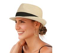 Creekstone Straw Fedora Sun Hat for Women Men Short Brim Panama Trilby Beach Hat Packable Summer Hat UPF 50+ (UK, Alpha, L, Beige)