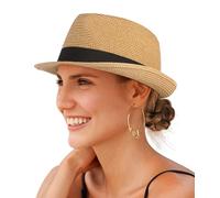 Creekstone Straw Fedora Sun Hat for Women Men Short Brim Panama Trilby Beach Hat Packable Summer Hat UPF 50+ (UK, Alpha, M, Khaki)