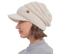 Creekstone Women Men Winter Beanie Hat with Visor, Warm Fleece Lined Beanie Cap, Thick Knit Cap Slouchy Hat with Brim (UK, Alpha, One Size, Beige)