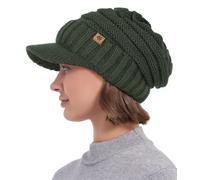 Creekstone Women Men Winter Beanie Hat with Visor, Warm Fleece Lined Beanie Cap, Thick Knit Cap Slouchy Hat with Brim (UK, Alpha, One Size, Dark Green)