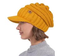 Creekstone Women Men Winter Beanie Hat with Visor, Warm Fleece Lined Beanie Cap, Thick Knit Cap Slouchy Hat with Brim (UK, Alpha, One Size, Mustard)