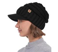 Creekstone Women Men Winter Beanie Hat with Visor, Warm Fleece Lined Beanie Cap, Thick Knit Cap Slouchy Hat with Brim (UK, Alpha, One Size, Black)