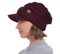 Creekstone Women Men Winter Beanie Hat with Visor, Warm Fleece Lined Beanie Cap, Thick Knit Cap Slouchy Hat with Brim (UK, Alpha, One Size, Dark Red)