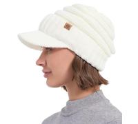 Creekstone Women Men Winter Beanie Hat with Visor, Warm Fleece Lined Beanie Cap, Thick Knit Cap Slouchy Hat with Brim (UK, Alpha, One Size, White)