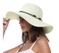 Creekstone Womens Floppy Straw Sun Hat Wide Brim UPF 50 Sun Protection Packable Summer Beach Hats with Wind Lanyard (UK, Alpha, M, Ivory)