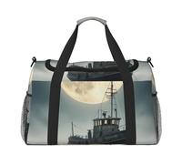 Creepy Boat with Full Moon Print Travel Duffel Bag for Men & Women, Foldable Travel Bags and Spacious Weekender Tote Bag for Storage Toiletry Luggage Personal Item, Black, L
