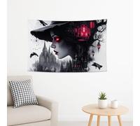 Creepy Castle Black and Red Tapestry, Gothic Forest Wall Art for Halloween Decor, Spooky Tapestries Aesthetic for Living Room, Bedroom, Dorm 60x50 Inch