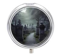 Creepy Cemetery Pill Box Medicine Pill Organizer 3 Compartment Daily Pill Case Small Pill Container Round Pill Holder Travel Pill Box Metal Pill Case for Purse Pocket