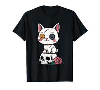 Creepy Cute Cat with Skull and Rose Gothic Girl T-Shirt