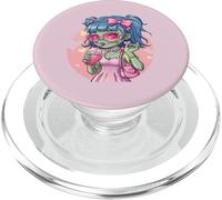 Creepy Cute Green Zombie Girl Heart Holding Pink Sippy Drink PopSockets PopGrip for MagSafe