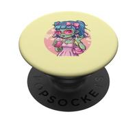 Creepy Cute Green Zombie Girl Holding Pink Sippy Drink PopSockets Adhesive PopGrip