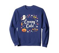 Creepy Cute Halloween Kawaii Ghost Cat Pumpkin Bat Stars Sweatshirt, Adult Unisex, Navy, XXL