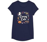 Creepy Cute Halloween Kawaii Ghost Cat Pumpkin Bat Stars T-Shirt, Girls, Navy, XS