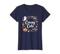 Creepy Cute Halloween Kawaii Ghost Cat Pumpkin Bat Stars T-Shirt, Women, Navy, XS