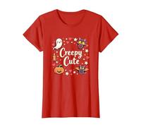 Creepy Cute Halloween Kawaii Ghost Cat Pumpkin Bat Stars T-Shirt, Women, Red, XS