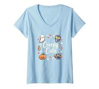 Creepy Cute Halloween Kawaii Ghost Cat Pumpkin Bat Stars V-Neck T-Shirt, Women, Baby Blue, XXL