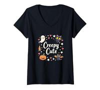 Creepy Cute Halloween Kawaii Ghost Cat Pumpkin Bat Stars V-Neck T-Shirt, Women, Black, XXL
