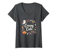 Creepy Cute Halloween Kawaii Ghost Cat Pumpkin Bat Stars V-Neck T-Shirt, Women, Dark Heather Grey, XXL