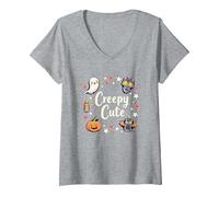 Creepy Cute Halloween Kawaii Ghost Cat Pumpkin Bat Stars V-Neck T-Shirt, Women, Heather Grey, XXL