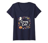 Creepy Cute Halloween Kawaii Ghost Cat Pumpkin Bat Stars V-Neck T-Shirt, Women, Navy, XXL