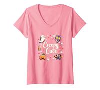 Creepy Cute Halloween Kawaii Ghost Cat Pumpkin Bat Stars V-Neck T-Shirt, Women, Pink, XXL