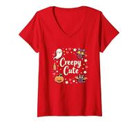 Creepy Cute Halloween Kawaii Ghost Cat Pumpkin Bat Stars V-Neck T-Shirt, Women, Red, XXL