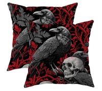 Creepy Raven Throw Pillow Covers Set of 2, Black and Red Skull Decorative Cushion Cases, Gothic Halloween Home Decor for Sofa Couch Bedroom 24x24 Inch