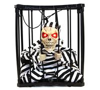 Creepy Skeleton Cage Prisoner with Light Up Eyes Scary Animated Halloween Decoration Props for Haunted House Party Decorations (A)