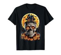 Creepy Skull Haunted House Halloween Pumpkin Design T-Shirt