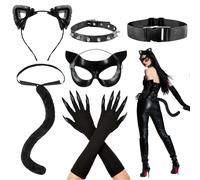 Creerluces Halloween Black Cat Costume for Woman, Eye Mask Adjustable Belt,Tail, Gloves for Cat Fancy Dress Adult Women Halloween Movie Cat Costume Accessories Woman