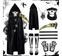 Creerluces Halloween Grim Reaper Costume for Men and Kids Black Cloak, Skeleton Gloves and Stockings, Skull Mask & Scythe for Grim Reaper Costume Adults Kids Boys
