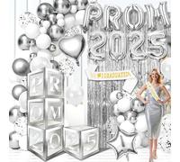 Creerluces Silver 2025 Prom Balloon Boxes Prom Decorations 2025 with Silver Curtain Fringe , Graduation Sash, For High School College Graduation Decorations 2025 Balloon Boxes with Letters