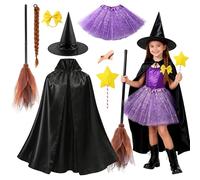 Creerluces Witch Costume for Girls World Book Day Costume, Cape, Nose Prop, Hat, Magic Wand, Brown Braid, Purple Tutu Skirt for Girls Witch Costume Set Halloween, World Book Day School Parade