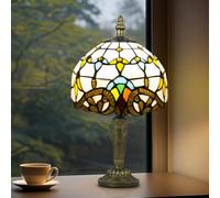 Crefotu Small Tiffany Style Table Lamp, 3 Color Temperatures Bedside Lamp, 8 Inch Stained Glass Desk Light for Home Office Bedroom Living Room (Beige Baroque)