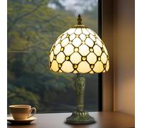 Crefotu Small Tiffany Style Table Lamp, 3 Color Temperatures Bedside Lamp, 8 Inch Stained Glass Desk Light for Home Office Bedroom Living Room (White Bead Curtain)