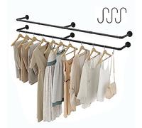 Crehomfy Industrial Pipe Clothes Rack with 3 S-shaped Hooks, 72’'L Wall Mounted Garment Rack, Heavy Duty Iron Garment Bar, Clothes Hanging Rod Bar for Laundry Room, Max Load 135Lb Black (2 Package)