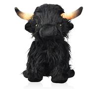 CREJOHY Highland Cow Plush Toy, Fluffy Cow Plushies Realistic Cuddly Farm Toy, Scottish HighlandCow Teddy Stuffed Soft Toys Gifts for Boys Girls Kids(Black, 11in)