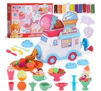 Crelloci Ice Cream Dining Car Play Color Dough Set with Fun Ice Cream Maker, Noodle Machine, 3 Dough Tools Kit and 10 Doughs, Creative Kitchen Creation Arts and Crafts Dough Set for Kids 3+
