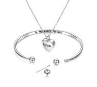 Cremation Jewelry 925 Sterling Silver Memorial Ashes Keepsake Urn Bangle Bracelet with Heart Drop Pendant Necklace Engraved in My Heart Forever Message (Heart Bracelet with Chain)