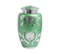 Cremation Urn for Adult Human Ashes - Elegant Aluminium Metal Funeral Vessel Featuring Silver Sunflower Embossing - Memorial Container Holds Body Ashes up to 90kg or 14 Stone (Green)