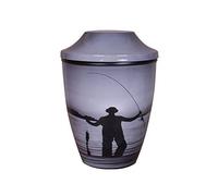 Cremation Urn for Adult Human Ashes - Handcrafted Funeral Memorial Urn with Laminated Printed Finish - Durable Lightweight Iron Sheet Tribute Ashes Storage (Grey Fishing Man)