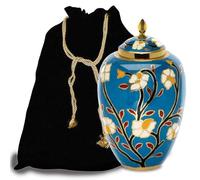 Cremation Urn for Ashes- Pine Green Garden with Yellow Leaf Cremation Urn for Human Ashes - Completely Handcrafted with Volume 200 Cu. in. with Velvet Protection Bag. (Blue with White Leaf)