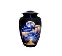 Cremation URN for Human Ashes - Adult Funeral Urn with Velvet Bag - “Love is the Shortest Distance Between Hearts” Quote - Sky & Moon Design - 10 Inch Memorial Urn for Ashes for Men & Women