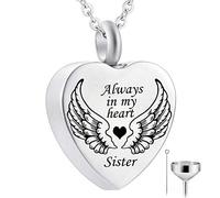 Cremation Urn Necklace Always in My Heart Angel Wing Memorial Keepsake Pendant Ash Jewelry
