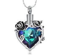 Cremation Urn Necklace for Ashes Cremation Jewelry Rose Flower with Heart Crystal Urn Pendant Keepsake Memorial Jewelry for Women Girls, Stainless Steel, No Gemstone