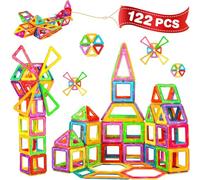 Crenova Magnetic Tiles for Kids 122PC Magnetic Building Blocks Toys for 3 4 5 6 7 8 Year Old Girls Boys Gift, Magnets for Kids, Montessori Toddler Toys