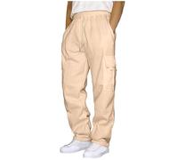 CreoQIJI Golf Trousers Men's Plain Drawstring Elastic Waist Plain Pocket Trousers Loose Sports Trousers Golf Trousers Men, beige, XXL