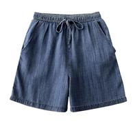 CreoQIJI Thin Denim Shorts Women's Elastic Waist Tie Loose Casual Wide Leg Five Point Jeans Jeans Men 32/34, darkblue, S