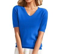 CreoQIJI Tshirts Women's V-Neck Knitted Jumper Elegant Plain Imitation Cashmere Pullover Spring Summer Base Top Short Sleeve Slim Fit Knitted Blouse Women Knitted Pullover Top Shirts, blue, M